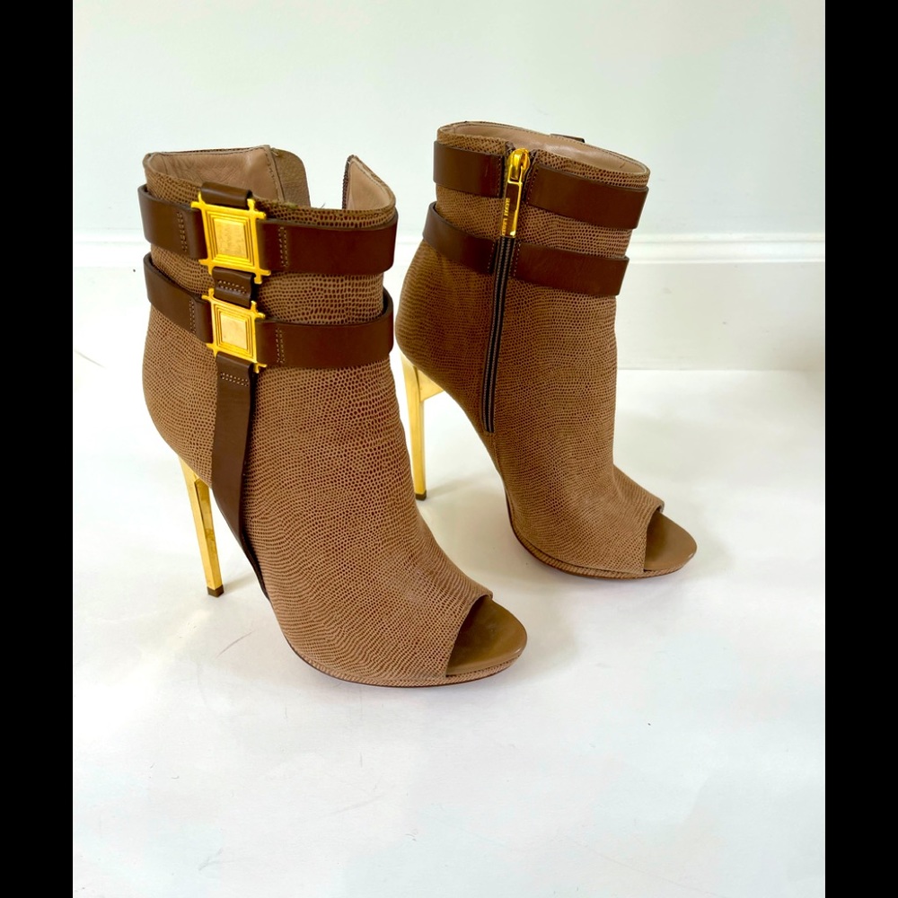 Herve leger Carmel Charlot open toe booties with gold metal stiletto heel